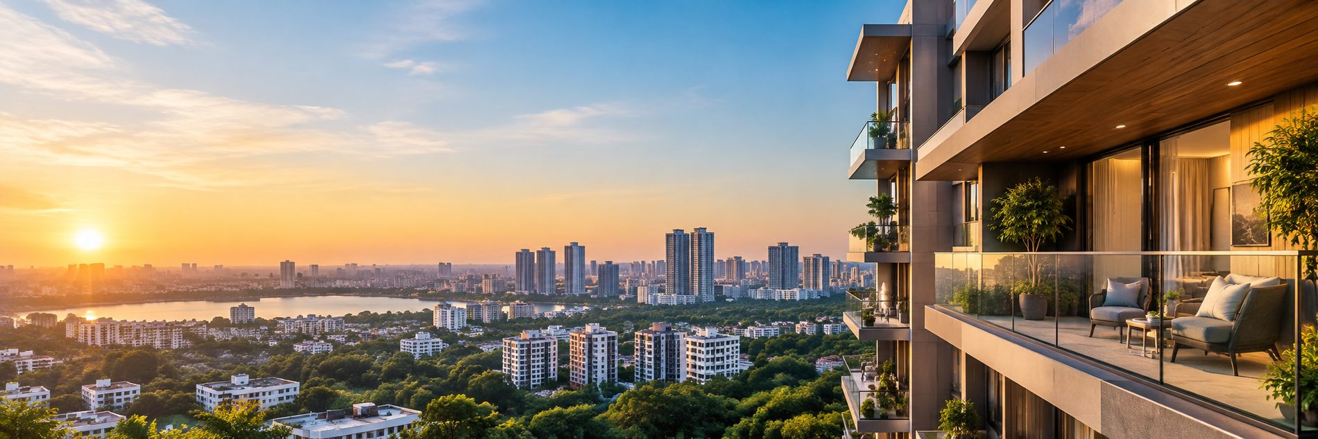 Balcony view of the Hyderabad skyline at golden hour